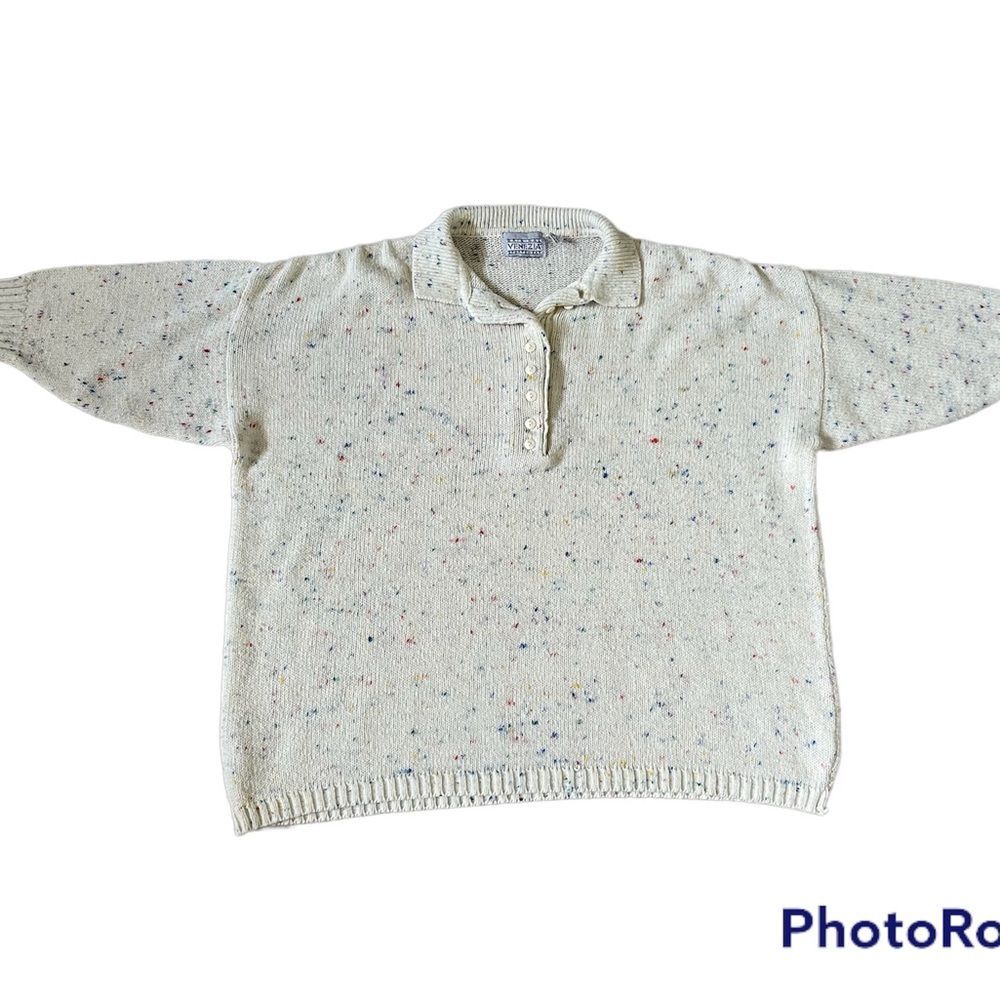 Cream confetti color knit short sleeve oversized sweater fits like XXL - Picture 3 of 7